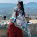 Scialle in lino con stampa floreale stile boho foulard mare protezione solare moda - 2314