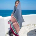 Detail shot of cotton geometric print shawl scarf with blue diamond pattern for travel. - 881709 Blue