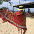 Red floral printed scarf shawl, perfect for beach vacation and summer styling accessories. - Over 175cm / L160