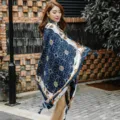 Detailed view of women retro chain print silk scarf shawl versatile travel fashion accessory. - Chain & Navy Flowers