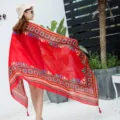 Ethnic style red cotton linen scarf for women, travel sun protection shawl and wrap. - 8818127