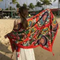 Ethnic style linen beach shawl scarf for women, perfect for vacation and sun protection. - Heart Red