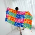 Vibrant color block silk scarf retro floral fashion beach vacation shawl lightweight wrap. - 8818269