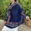 2023 Women Ethnic Print Twill Cotton Scarf Versatile Sunshade Shawl Warm Air Conditioning - Blue Floral Elegance