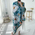 Ethnic floral print summer sun protection shawl large beach scarf stylish travel accessory - L251 Blue White Floral