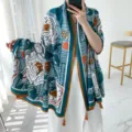 Large floral print summer sunscreen silk scarf, light ethnic style travel shawl beach wrap. - L251