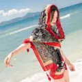 Ethnic print beach scarf and shawl for women, stylish twill cotton sun protection accessory. - 1729 Red