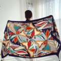 Oversized retro floral print scarf with tassel hem, elegant sun protection shawl wrap. - 8818135