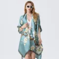 Light blue floral kimono cardigan beach cover up loose summer sun protection shawl. - White Flower
