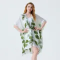 Dettaglio motivo foglie di ginkgo cardigan kimono bianco vista tessuto leggero e morbido. - 90x90cm / Foglia di Ginkgo Verde