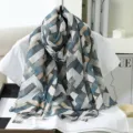 Geometric print simulation silk scarf, large summer travel shawl and fashion neck wrap. - 8