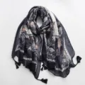 Écharpe en lin et coton imprimé floral bleu marine avec franges, châle élégant. - Style 18