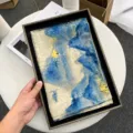 Blue and beige abstract art printed silk scarf elegant lightweight satin shawl for women - Style 8