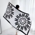 Ethnic style black and white dreamcatcher feather print linen shawl scarf detail view. - L297