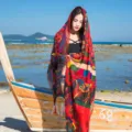 Foulard femme effet soie motif cachemire chic, chale colore vif de plage ete bandeau. - 1703 rouge