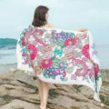 Ethnic style floral print beach scarf women long cotton linen shawl sun protection wrap - L191