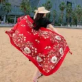 Stunning red floral shawl scarf for beach vacation and stylish photo shoots. Lightweight design. - L310