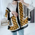 Vue de détail écharpe châle carreaux coton lin femme automne hiver mode chaude accessoire. - Plus de 175cm / Football gingembre