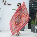 Women's ethnic style printed scarf red geometric design fashion shawl for daily wear. - L64 / Over 175cm