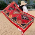 Ethnic style red beach towel sunscreen shawl, lightweight vacation outdoor silk scarf for women. - 142