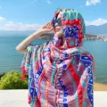 Summer ethnic style rainbow geometric print sun protection silk scarf, perfect for beach travel. - L118