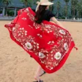Red ethnic style floral sunscreen shawl for women, perfect for summer beach vacation outdoor. - 310
