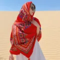 Ethnic style red scarf, vibrant geometric print shawl, lightweight desert travel sun protection. - 127