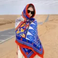 Ethnic style silk scarf, blue and red floral desert sun protection shawl for women. - 164