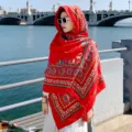 Red ethnic style shawl scarf for women, oversized beach sun protection wrap for travel photos. - 127