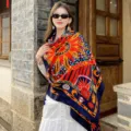 Women oversized retro sun printed scarf lightweight ethnic shawl summer beach sunscreen - L139
