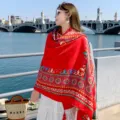 Red ethnic style oversized scarf and beach shawl for women travel photography protection. - L127