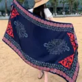 Navy blue ethnic style sunscreen shawl, perfect for summer beach vacation and outdoor travel. - 313