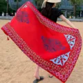 Ethnic Red Beach Shawl Sun Protection Scarf for Women Summer Vacation Outer Wear Beach Towel - 314