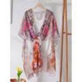 Écharpe Mousseline Dégradé Motif Floral Châle Léger Polyvalente Femme Vêtement Été - Broderie Violette (05)