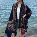Ethnic style dark blue paisley print shawl, large summer vacation beach sun protection scarf. - Style 8