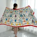 Ethnic style large square scarf, imitation silk satin shawl, vibrant printed design with red border. - Variant 226
