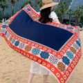Ethnic style beach shawl and sunscreen scarf with vibrant floral geometric border design. - 318
