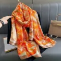 2023 New imitation silk scarf women's fashion long floral printed shawl sun protection scarf - Orange Floral
