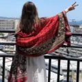 Red ethnic floral print shawl scarf, vintage bohemian cotton linen travel sun protection cape. - Style 10