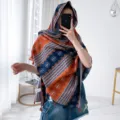 Ethnic style sunscreen scarf, blue and orange geometric printed shawl with fringe for women. - Style 11