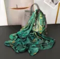Green printed imitation silk scarf long shawl elegant vintage floral design for women - Green Floral