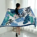 Elegant tropical leaf print silk-feel scarf, versatile long shawl for beach and sun protection. - Variant 232
