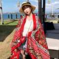Summer vacation ethnic style scarf, red floral print beach shawl and sun protection scarf for women. - 185cm / Style 17 (160)