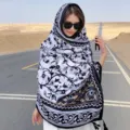 Black and white floral print scarf women ethnic travel shawl sun protection wrap accessory - 336