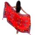 Detailed view of the ethnic style red beach scarf, featuring vibrant scrolls and tassels. - No. 1
