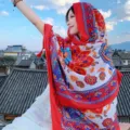 Ethnic style red floral print silk scarf women summer travel sun protection shawl wrap - 115