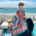 Summer ethnic print beach scarf, lightweight sun protection shawl for women seaside vacation. - Size 14