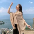 Solid color pleated linen scarf shawl, elegant vintage style for women, thin and versatile. - Khaki