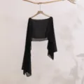 Detail of lightweight black summer sun protection shawl, breathable long sleeve shrug fabric. - Black