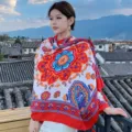 Ethnic style women scarf summer vintage red printed shawl travel beach sun protection wrap - L115